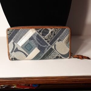 Coach Signature Denim Patchwork Wallet with Brown Leather Trim